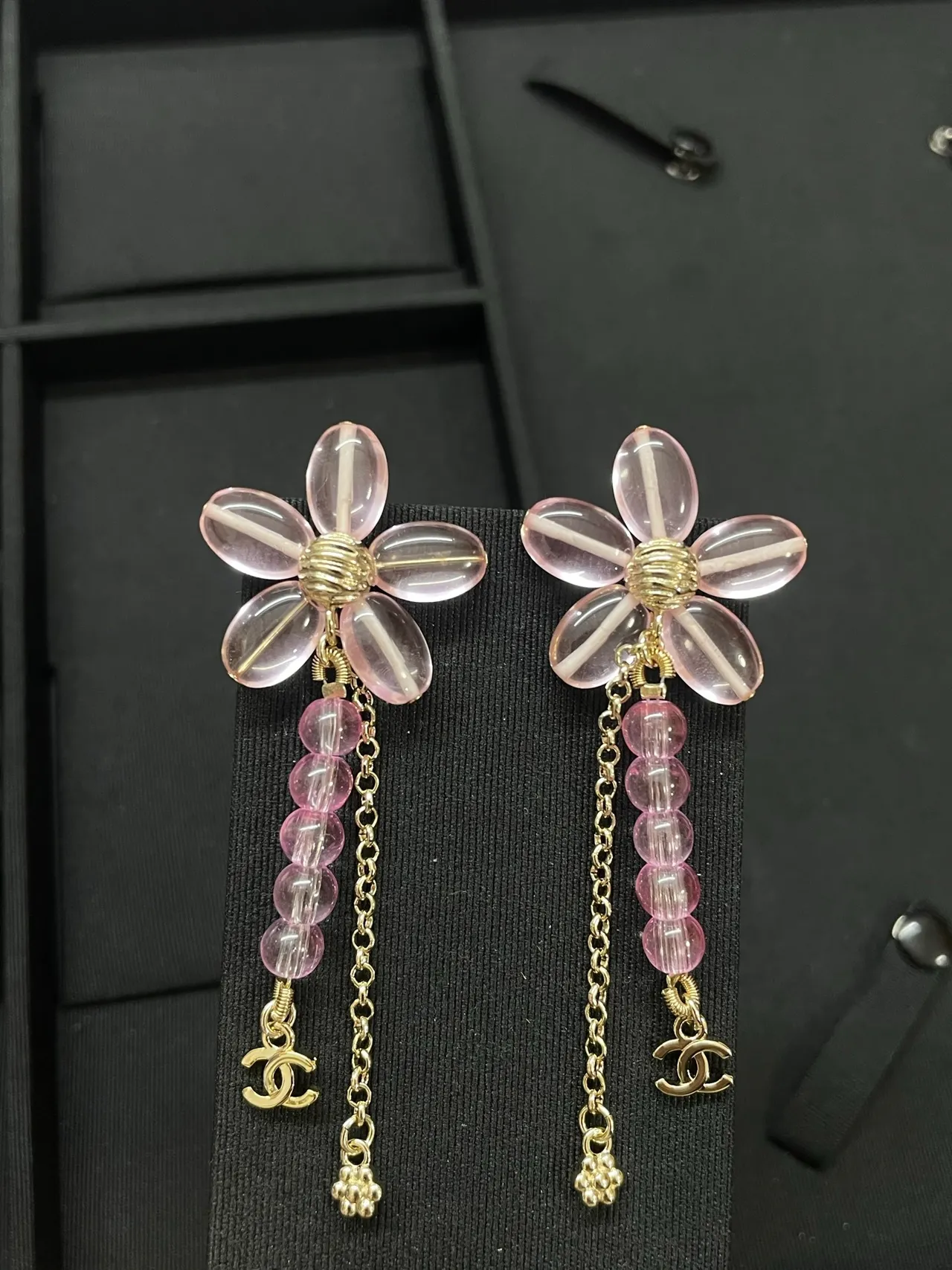 Chanel Floral Resin and Pink Bead Dangle Earrings 2
