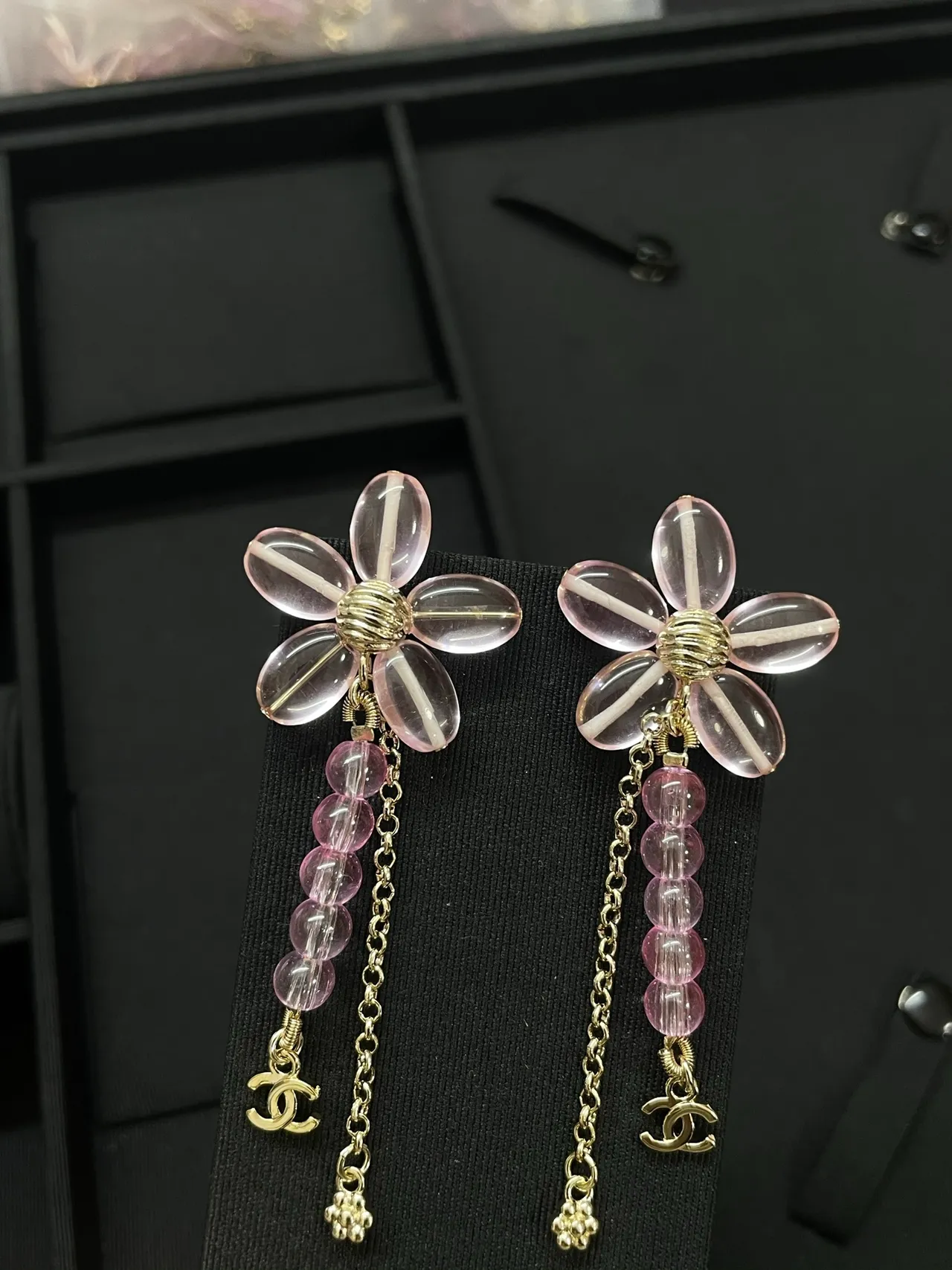 Chanel Floral Resin and Pink Bead Dangle Earrings 3