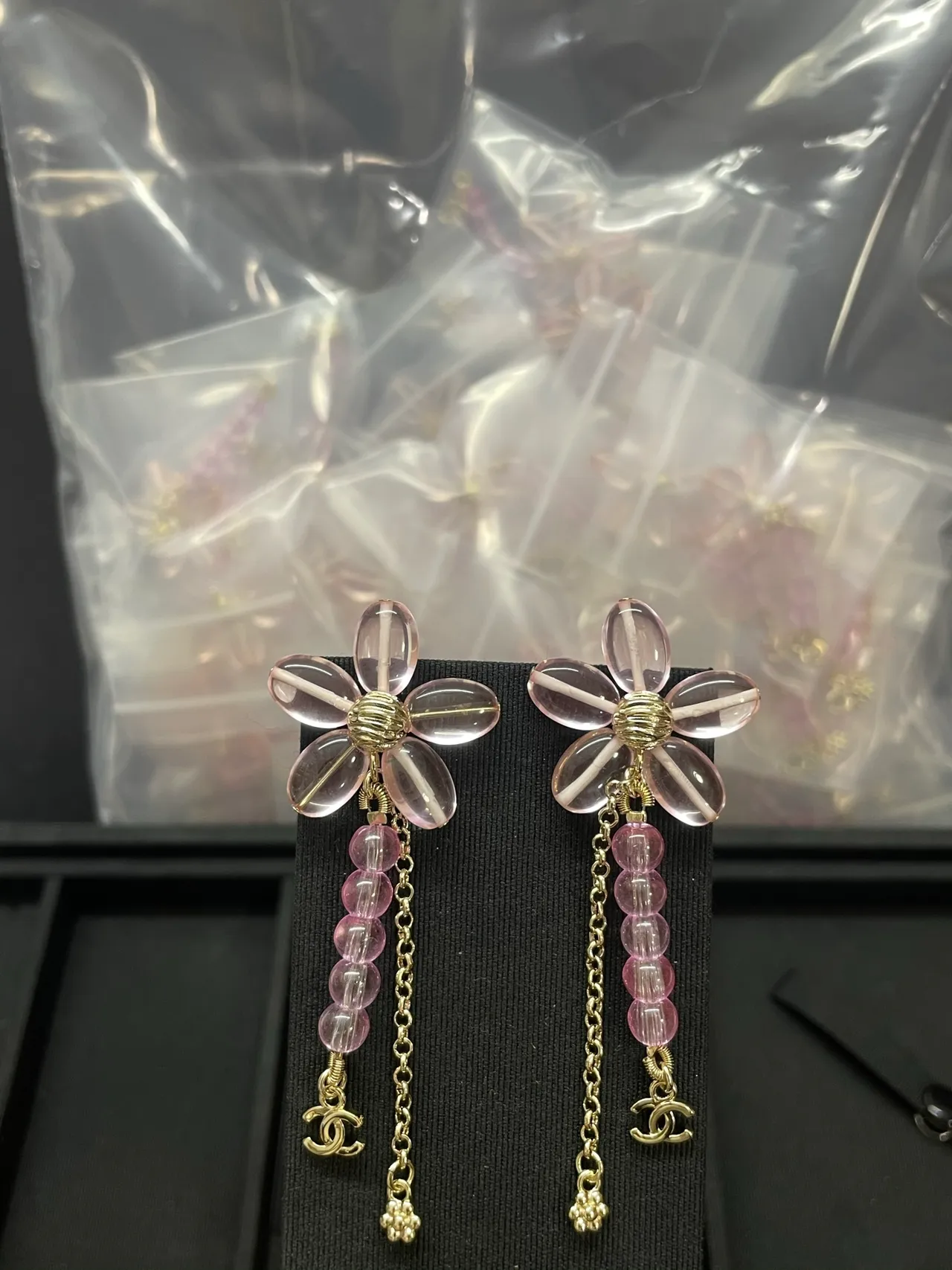 Chanel Floral Resin and Pink Bead Dangle Earrings 4