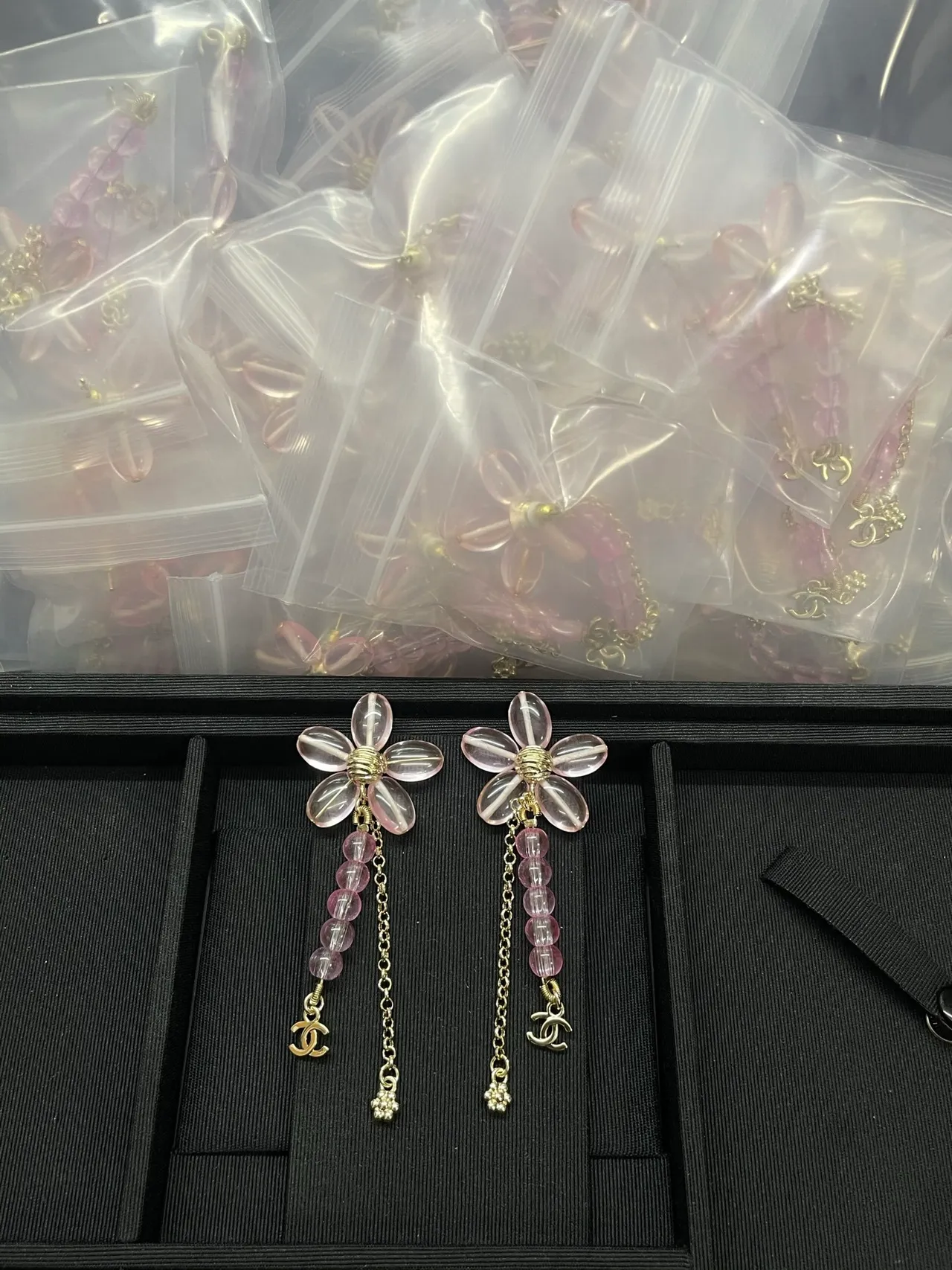 Chanel Floral Resin and Pink Bead Dangle Earrings 5