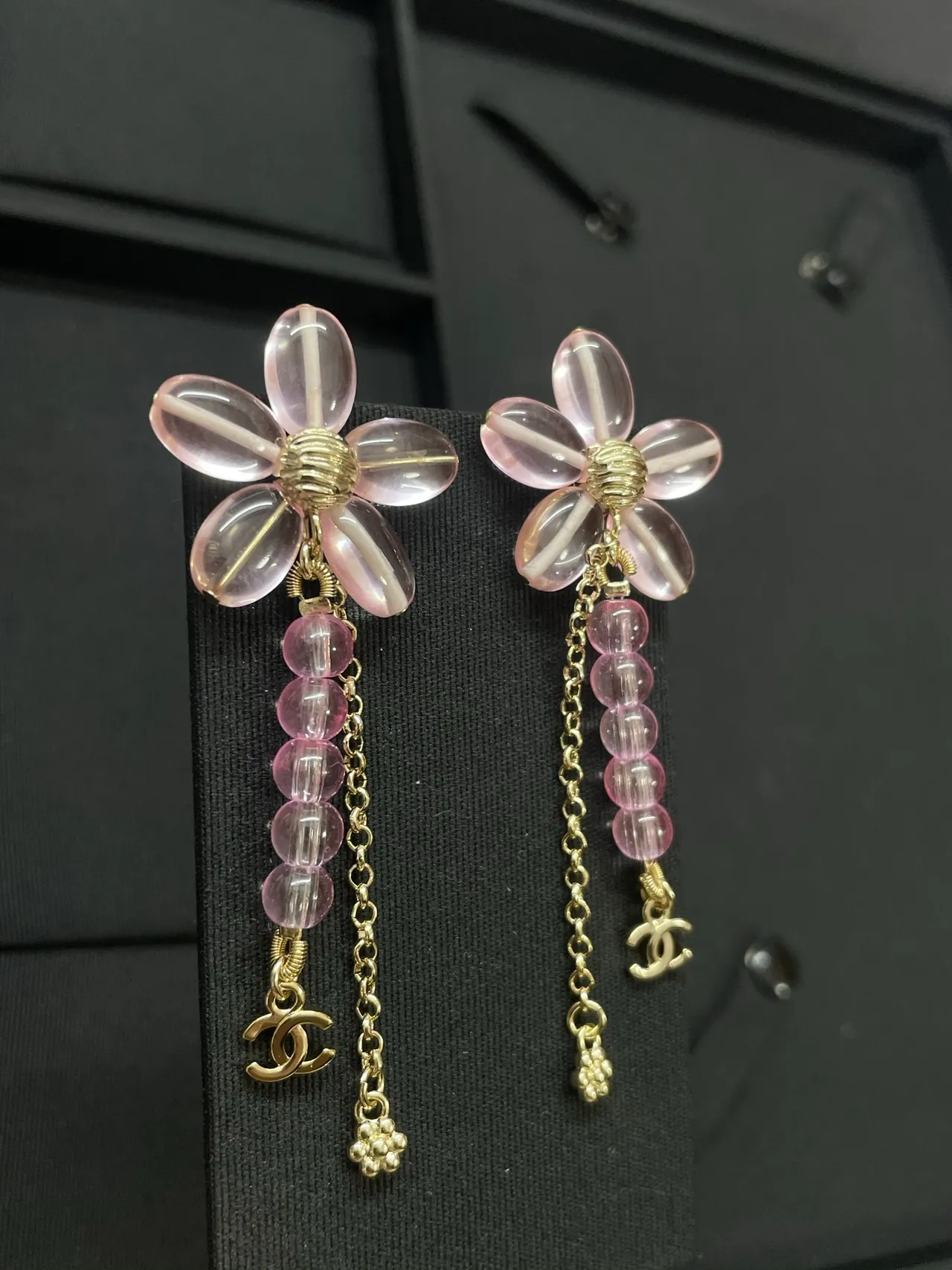 Chanel Floral Resin and Pink Bead Dangle Earrings 6