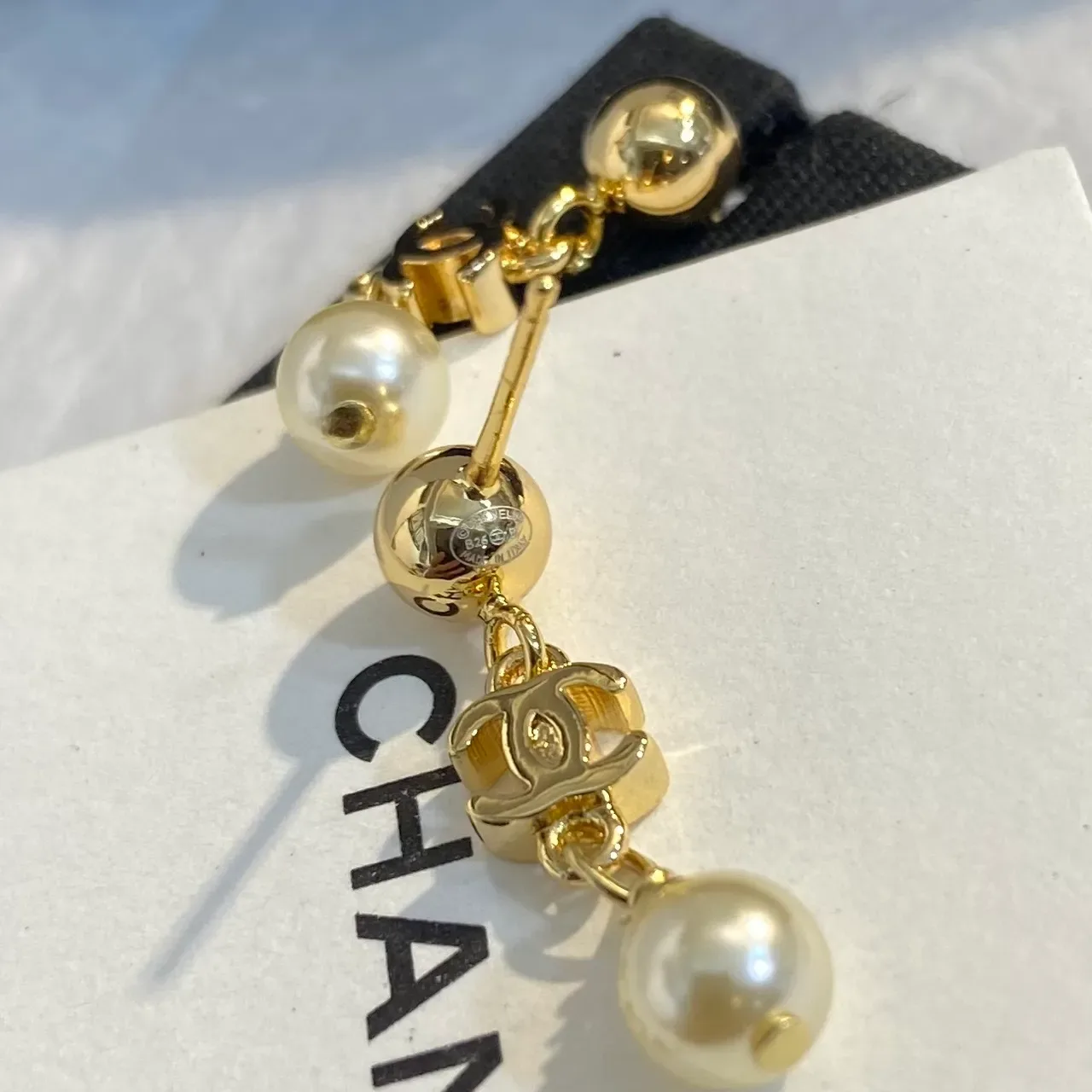 Chanel Gold Beige Pearl Drop Earrings 2