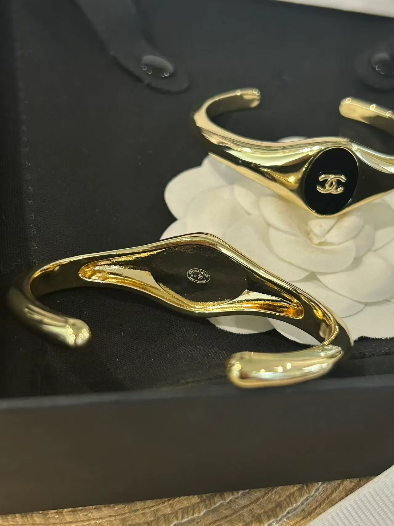 Chanel Gold Burgundy Asymmetrical Open Cuff Polished Metal Bracelet 2