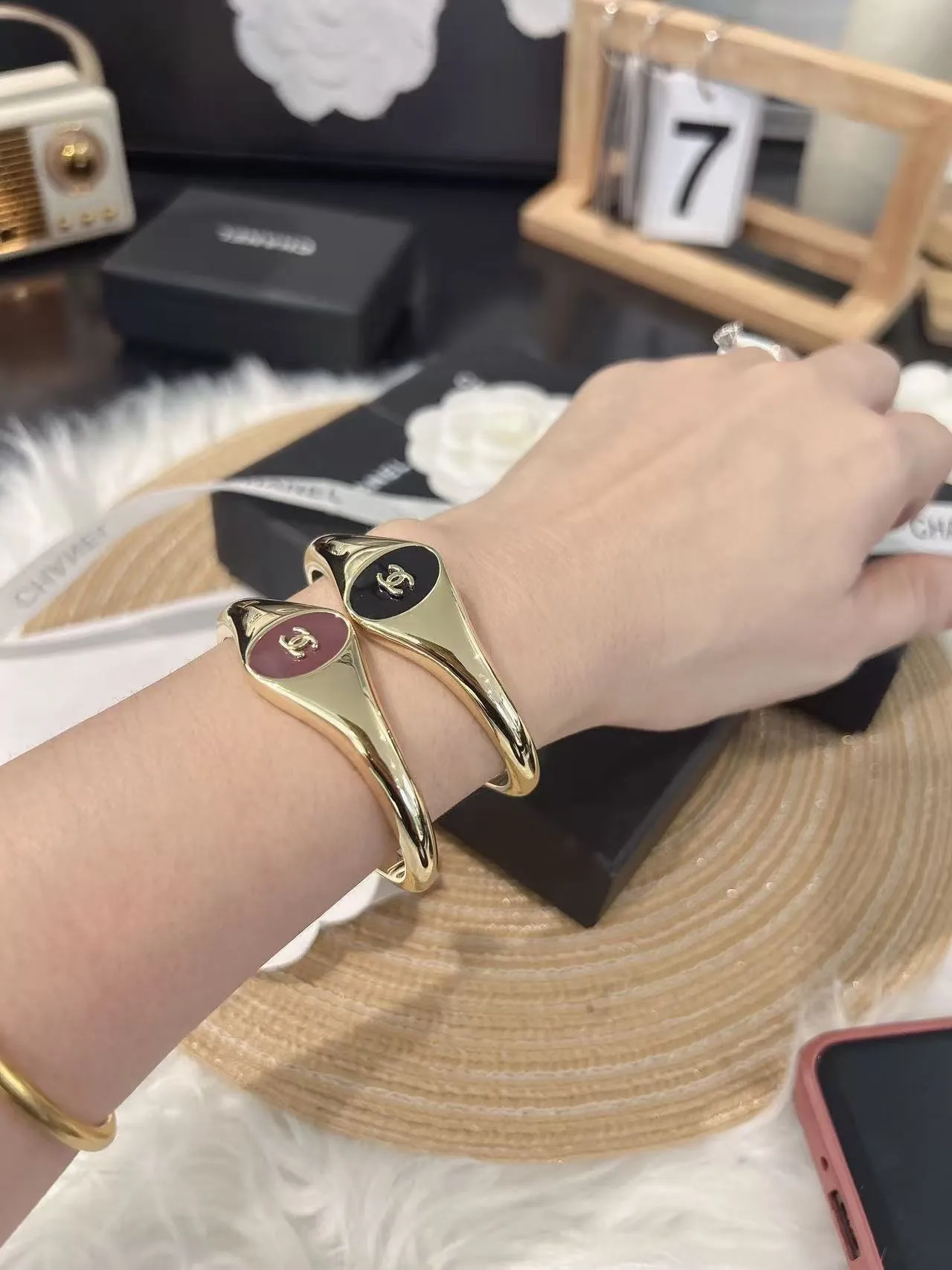 Chanel Gold Burgundy Asymmetrical Open Cuff Polished Metal Bracelet 4