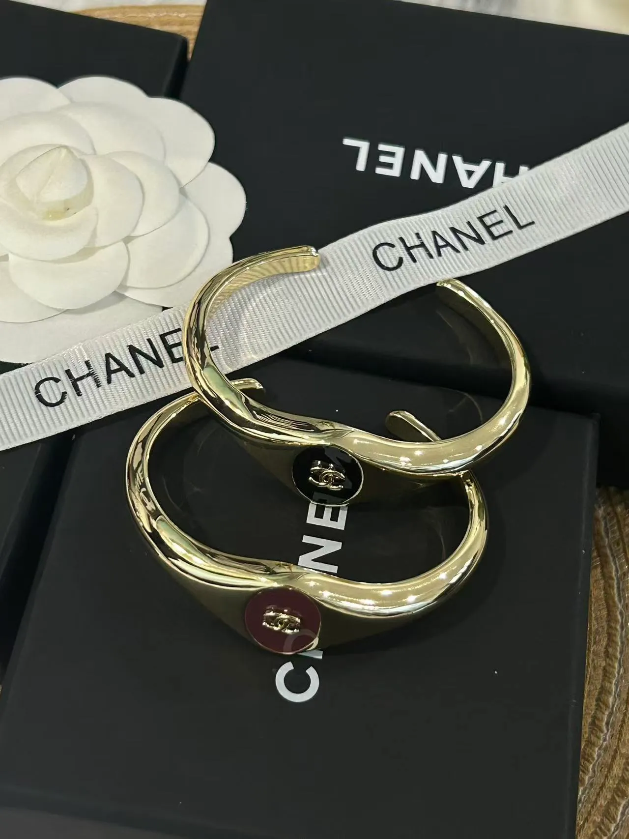 Chanel Gold Burgundy Asymmetrical Open Cuff Polished Metal Bracelet 5