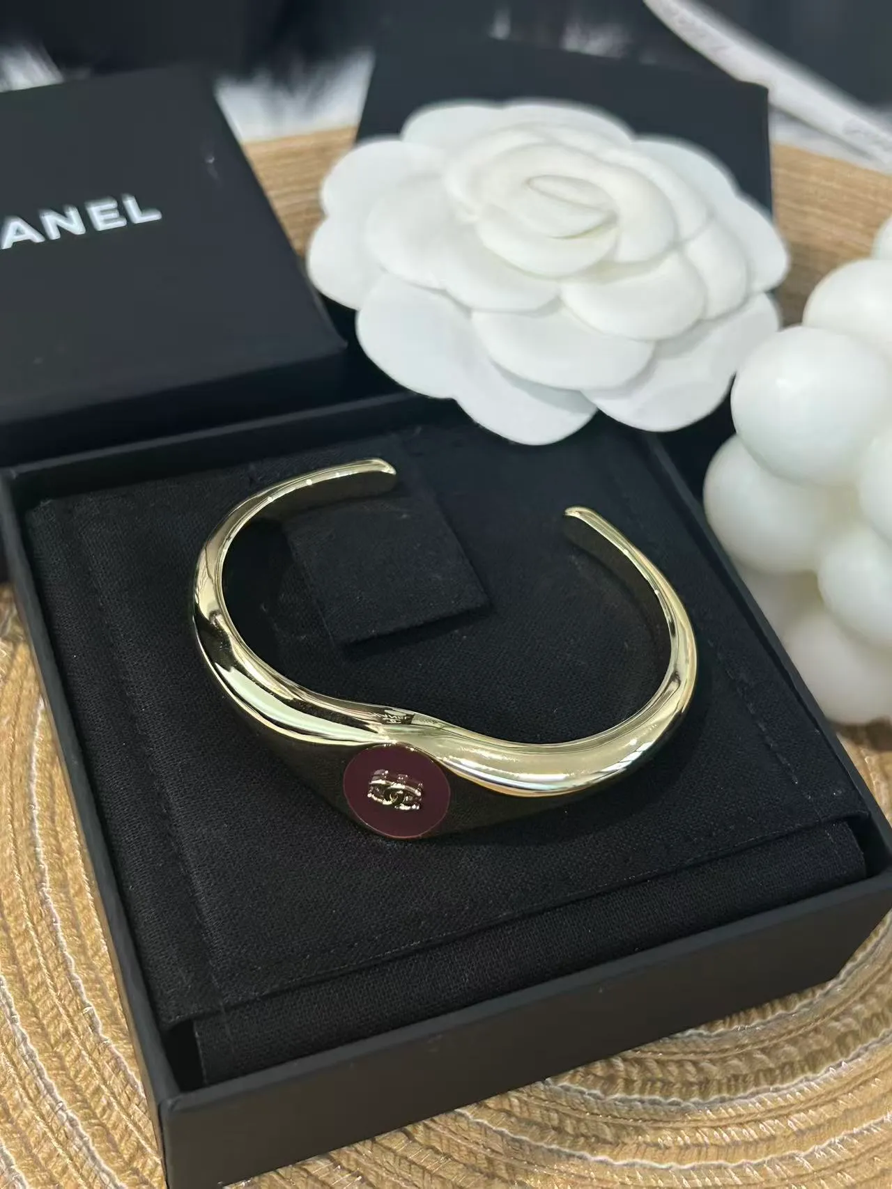 Chanel Gold Burgundy Asymmetrical Open Cuff Polished Metal Bracelet 6