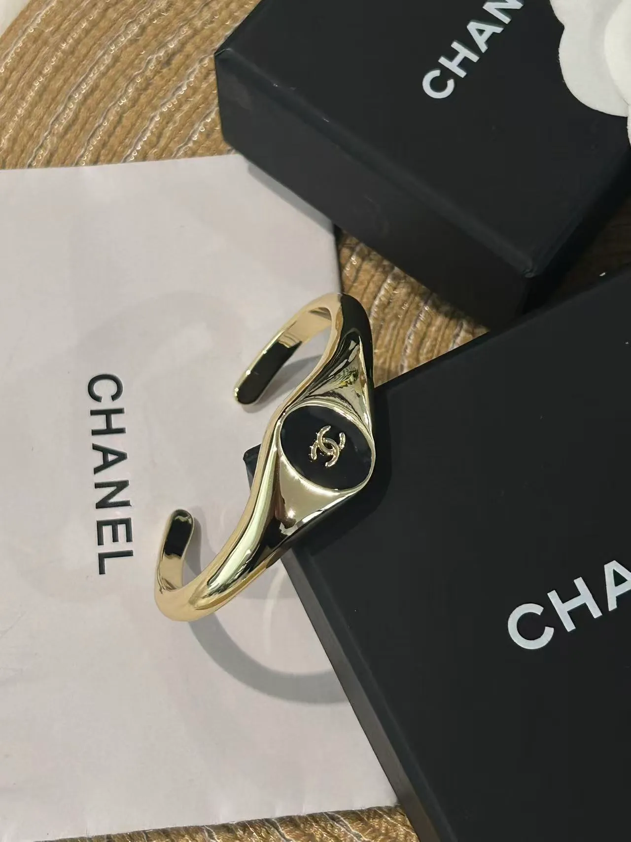 Chanel Gold Burgundy Asymmetrical Open Cuff Polished Metal Bracelet 8