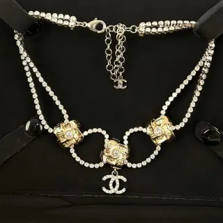 Chanel Gold Silver Multi-Strand Crystal Pavé Cube Charms Necklace
