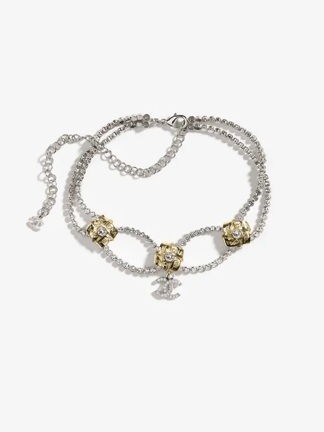 Chanel Colar de Charms de Cubo de Cristal Pavé Multi-Strand de Ouro e Prata 2