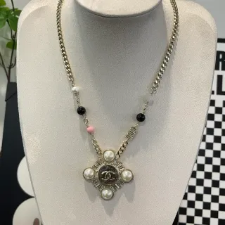 Chanel Gold White Curb Chain Pearl And Bead Station Detail Necklace