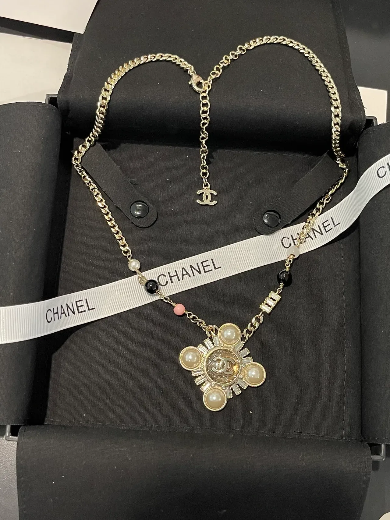 Chanel Gold White Curb Chain Pearl And Bead Station Detail Necklace 2