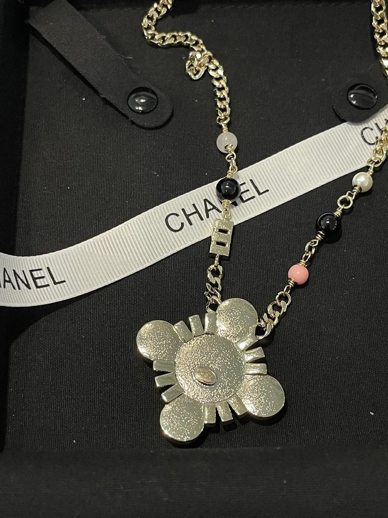 Chanel Gold White Curb Chain Pearl And Bead Station Detail Necklace 3