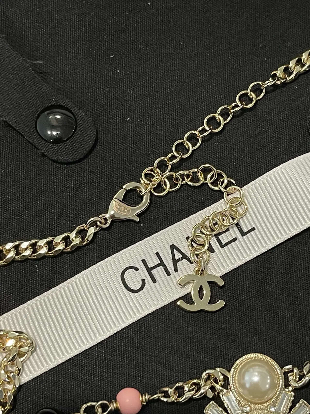Chanel Gold White Curb Chain Pearl And Bead Station Detail Necklace 5