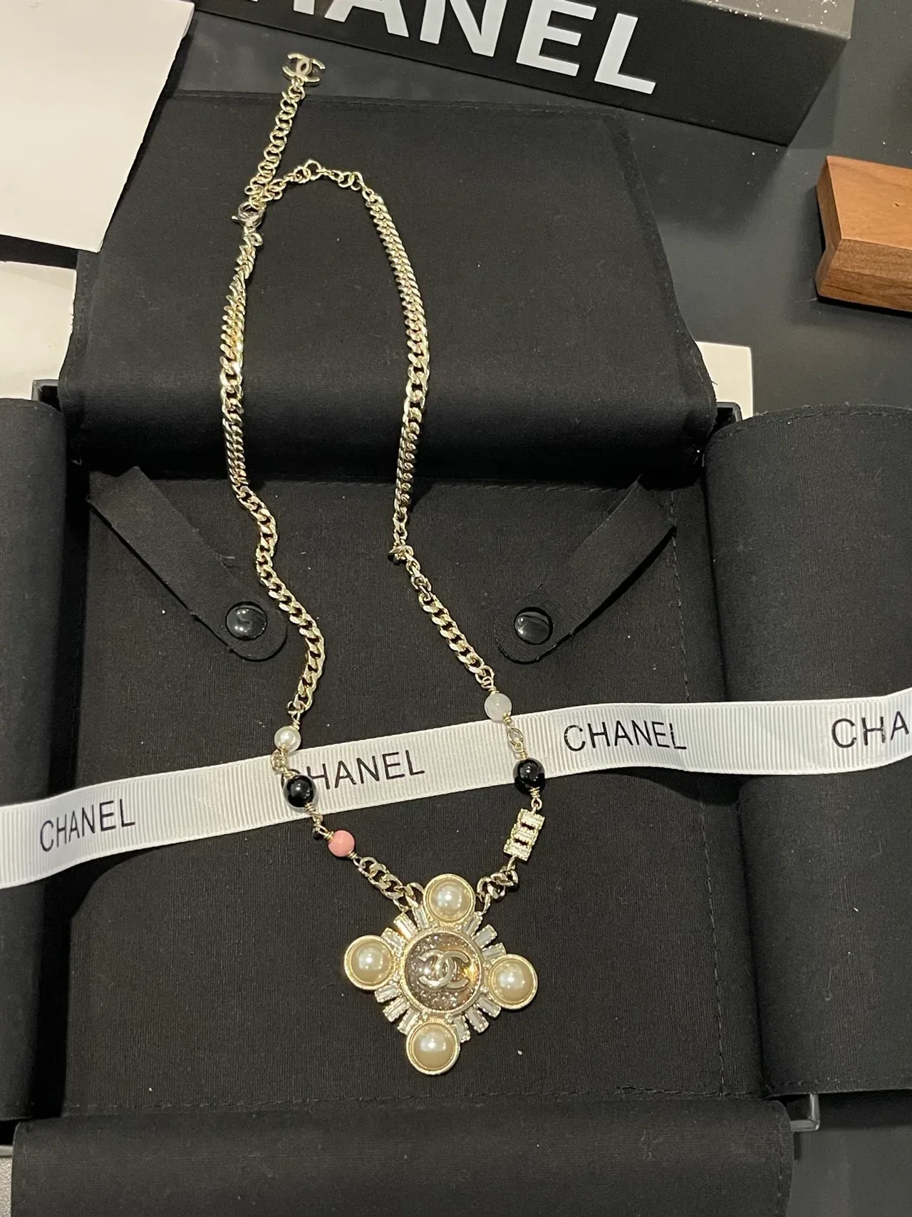 Chanel Gold White Curb Chain Pearl And Bead Station Detail Necklace 6