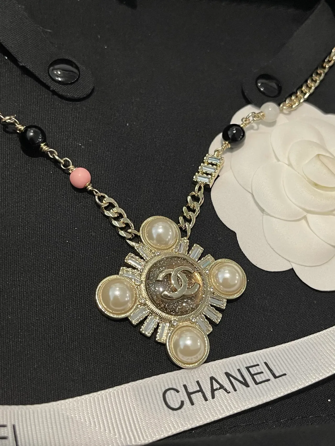 Chanel Gold White Curb Chain Pearl And Bead Station Detail Necklace 7