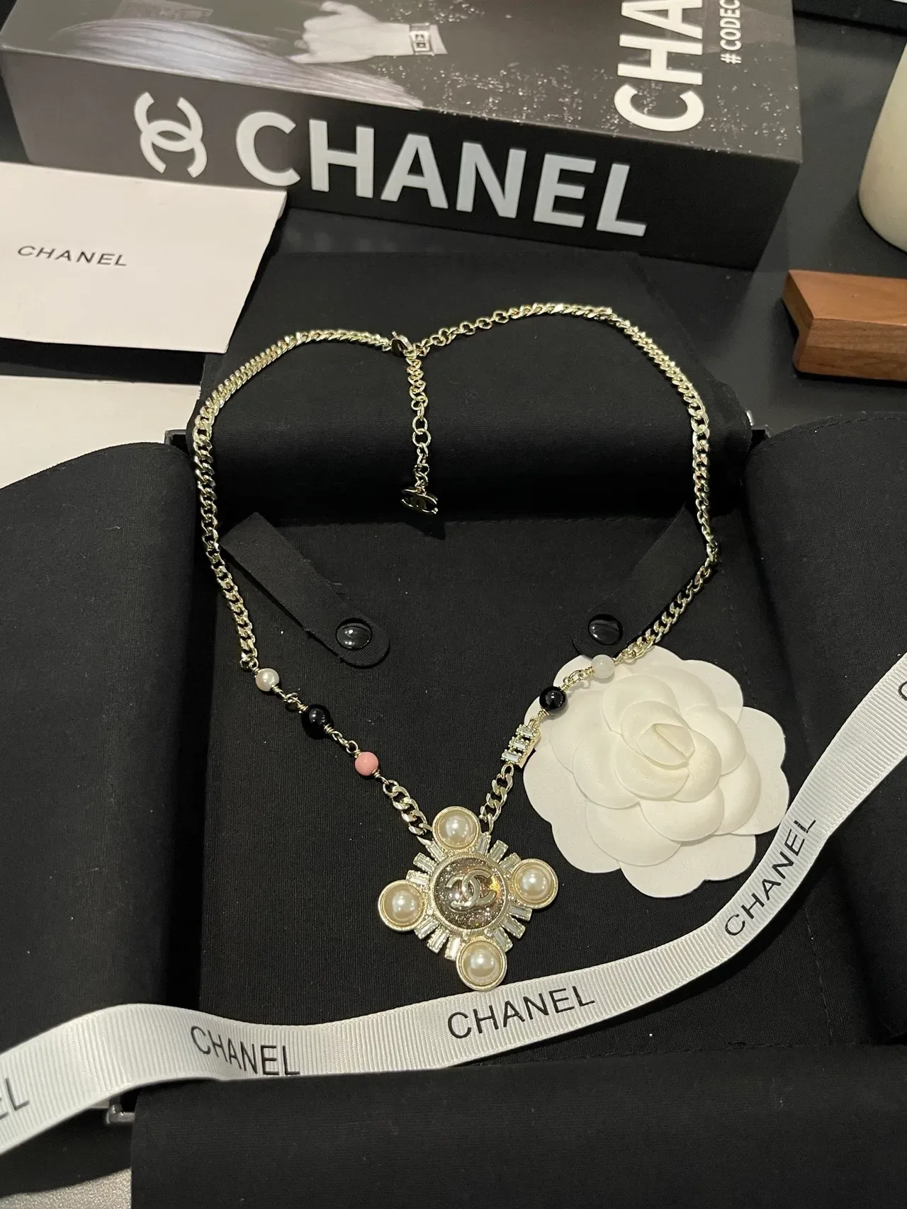 Chanel Gold White Curb Chain Pearl And Bead Station Detail Necklace 8