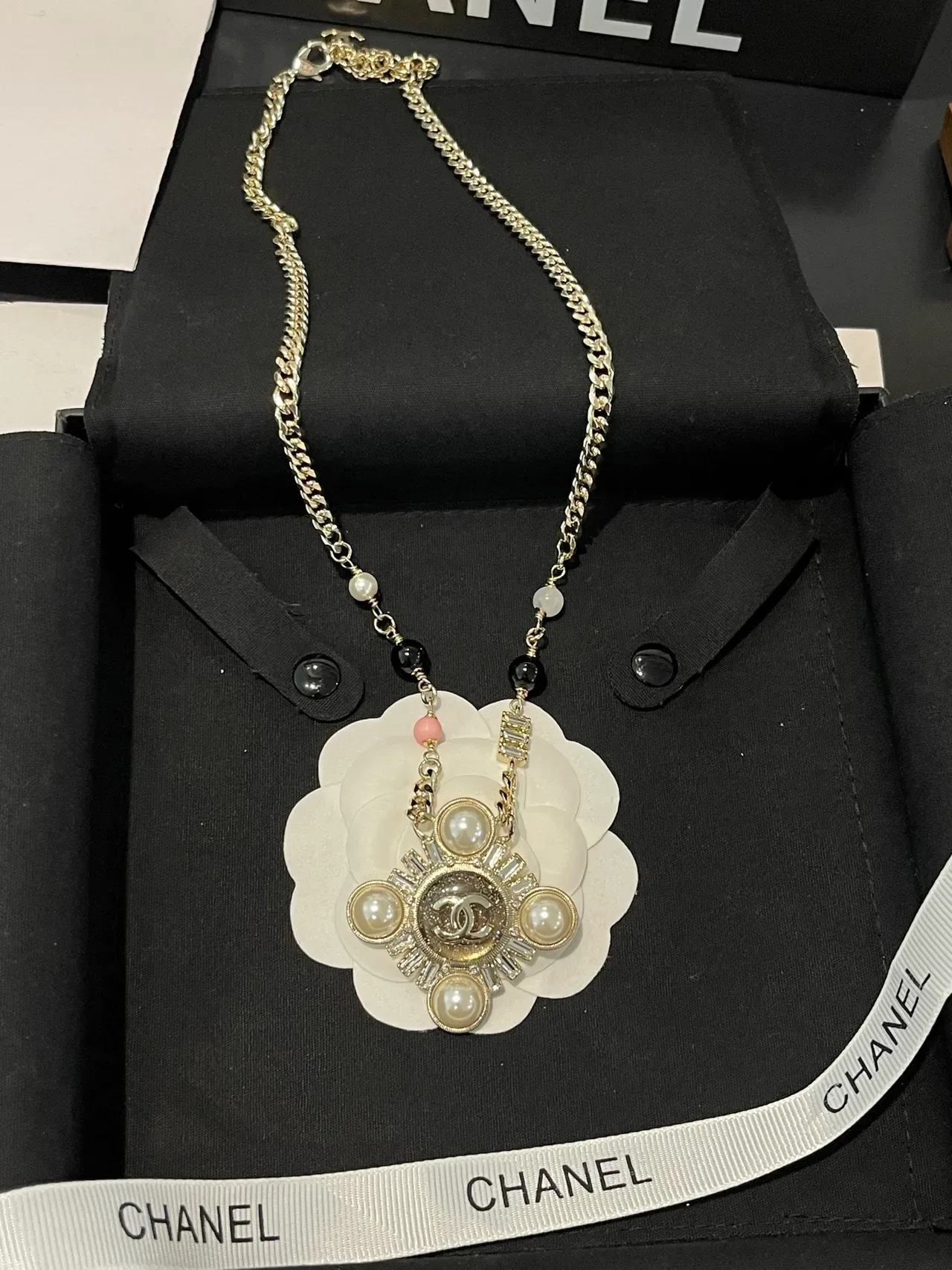 Chanel Gold White Curb Chain Pearl And Bead Station Detail Necklace 9