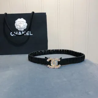 Chanel Interlocking CC Belt Black Gold Ruched Elastic Strap Crystal-Embellished Buckle Leather Belt