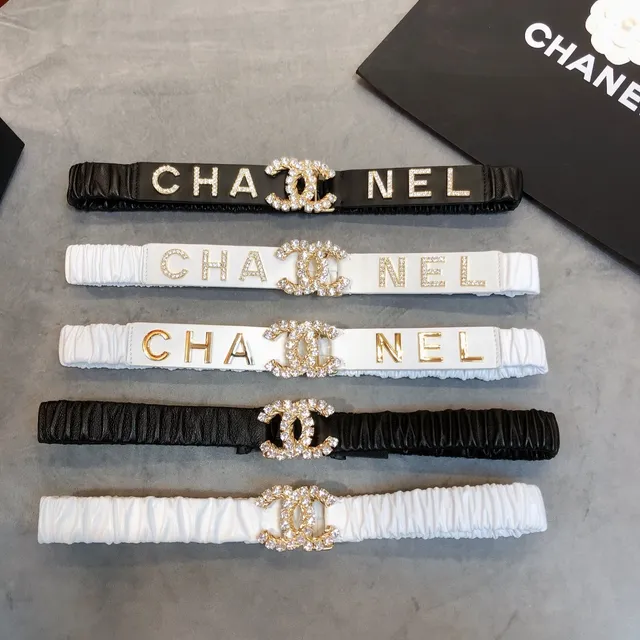 Chanel Interlocking CC Belt Black Gold Ruched Elastic Strap Crystal-Embellished Buckle Leather Belt 3
