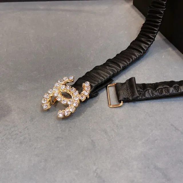 Chanel Interlocking CC Belt Black Gold Ruched Elastic Strap Crystal-Embellished Buckle Leather Belt 4