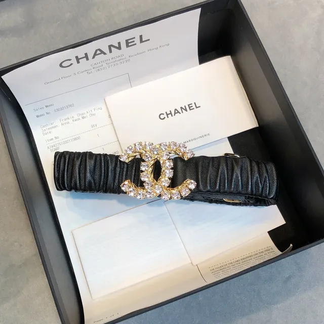 Chanel Interlocking CC Belt Black Gold Ruched Elastic Strap Crystal-Embellished Buckle Leather Belt 5