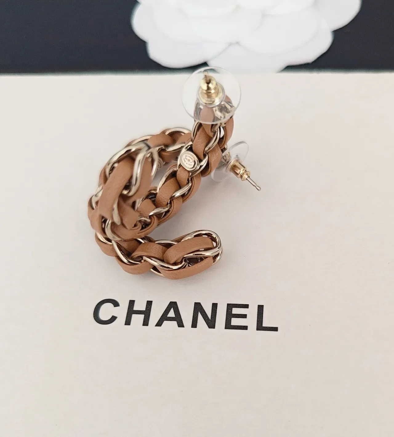 Chanel Interwoven Leather and Gold-Tone Chain Hoop Earrings 3