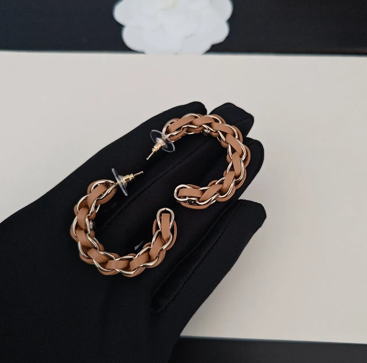 Chanel Interwoven Leather and Gold-Tone Chain Hoop Earrings 5