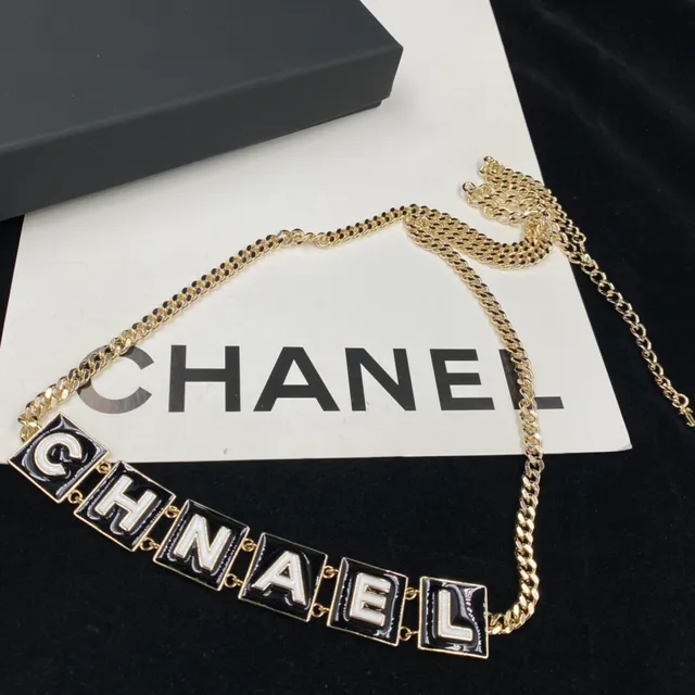 Chanel Logo Letter Necklace Black and White Enamel Gold-Tone Chain Necklace 6