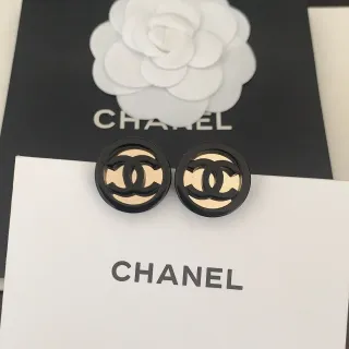 Chanel Logo Stud Black Gold Circular Earrings