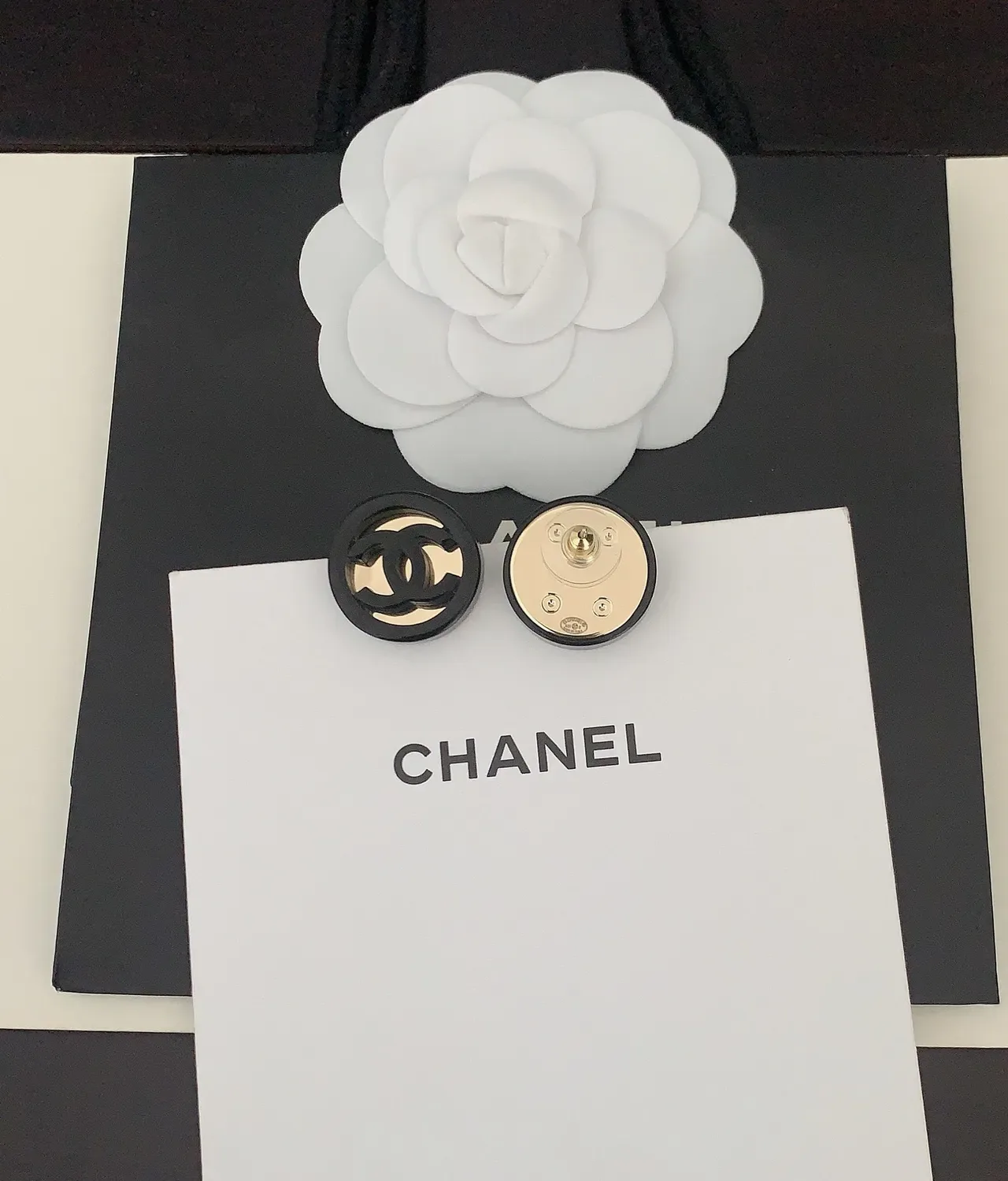 Chanel Logo Stud Black Gold Circular Earrings 2
