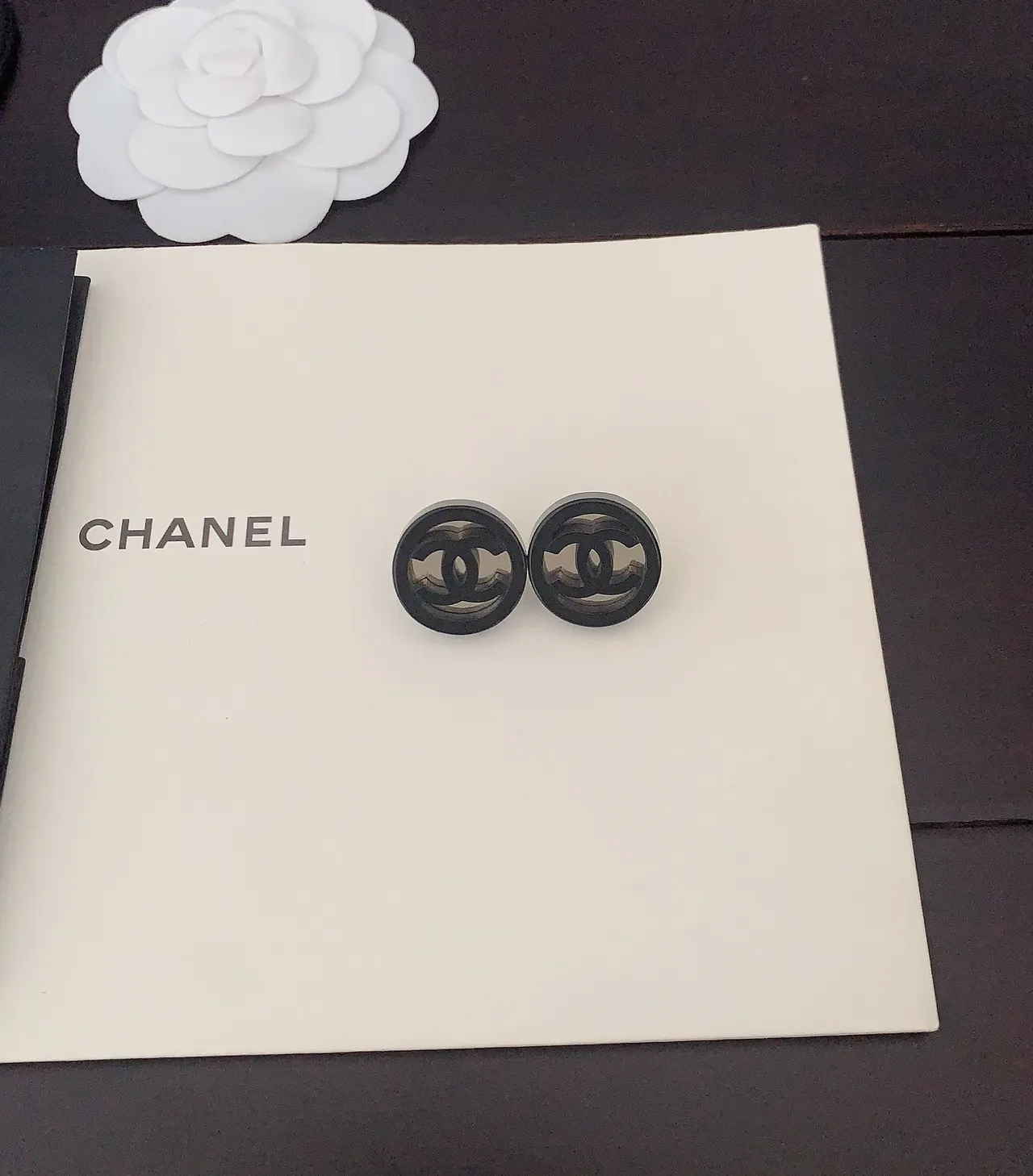 Chanel Logo Stud Black Gold Circular Earrings 3