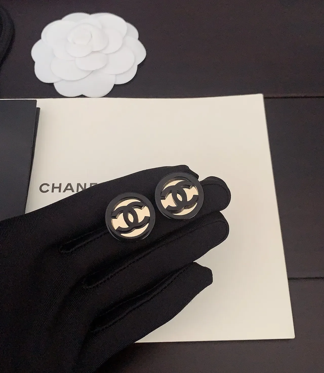 Chanel Logo Stud Black Gold Circular Earrings 4