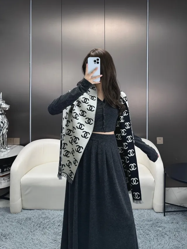 Chanel Monogram-Print Fringed Cashmere Scarf 2