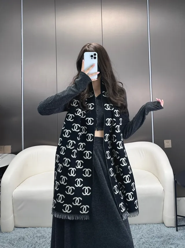 Chanel Monogram-Print Fringed Cashmere Scarf 3