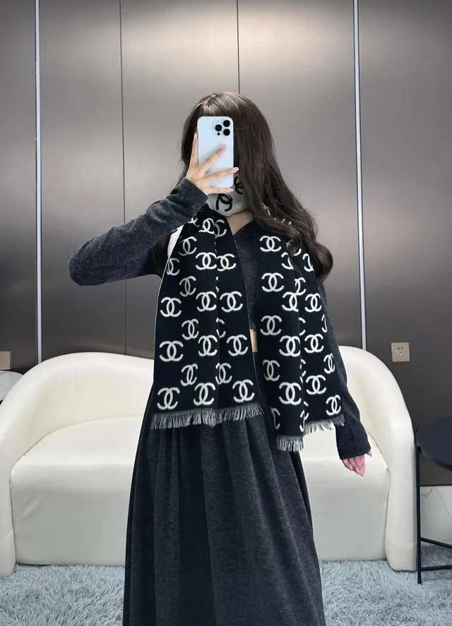 Chanel Monogram-Print Fringed Cashmere Scarf 4