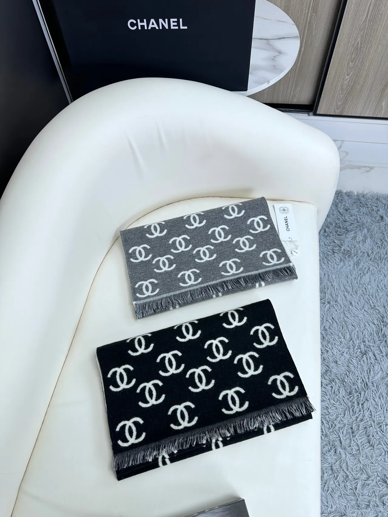 Chanel Monogram-Print Fringed Cashmere Scarf 5