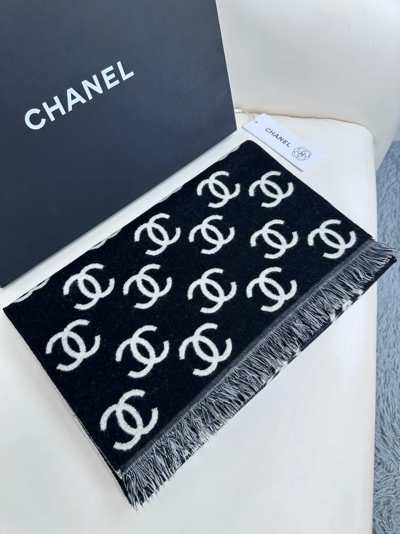 Chanel Monogram-Print Fringed Cashmere Scarf 6