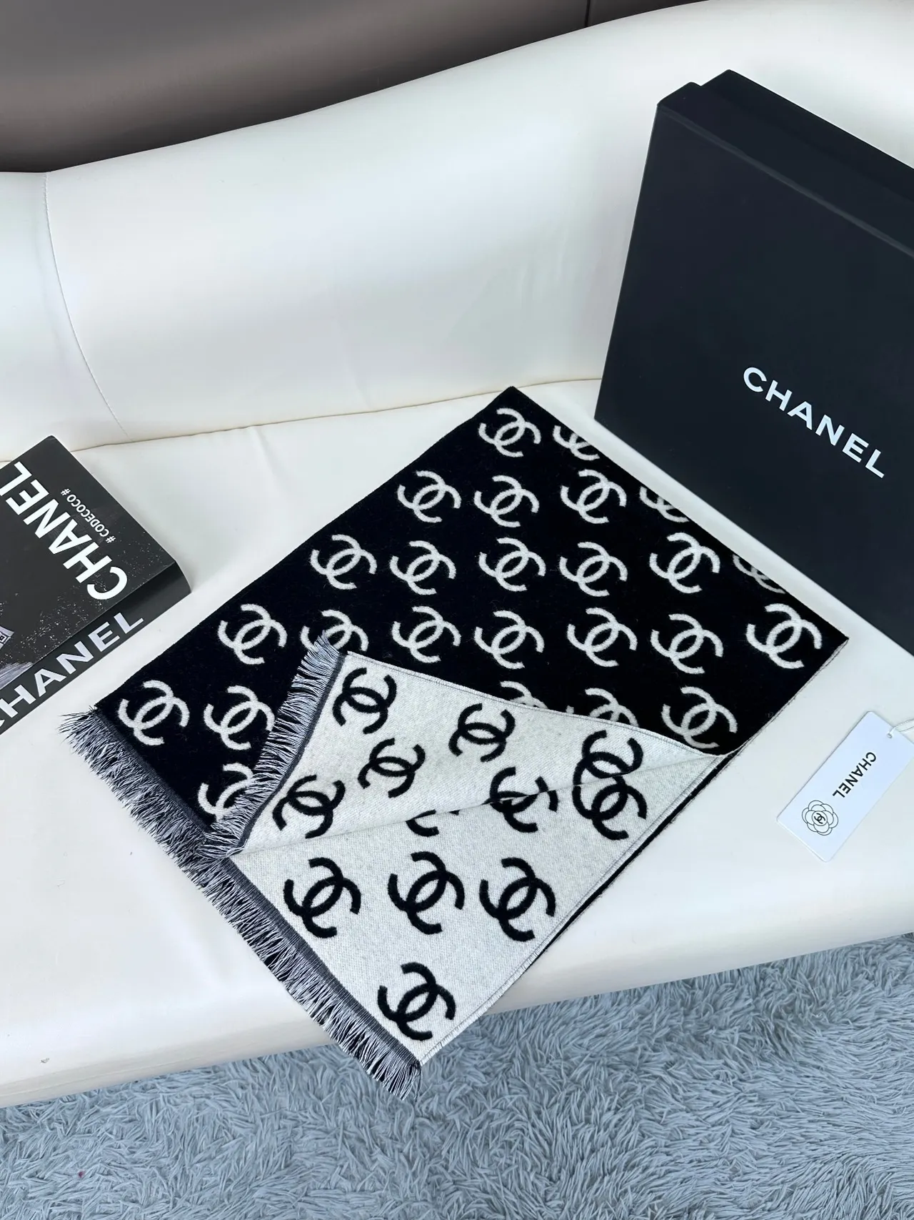 Chanel Monogram-Print Fringed Cashmere Scarf 7