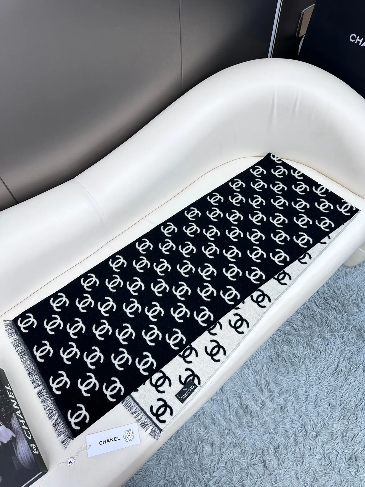 Chanel Monogram-Print Fringed Cashmere Scarf 8