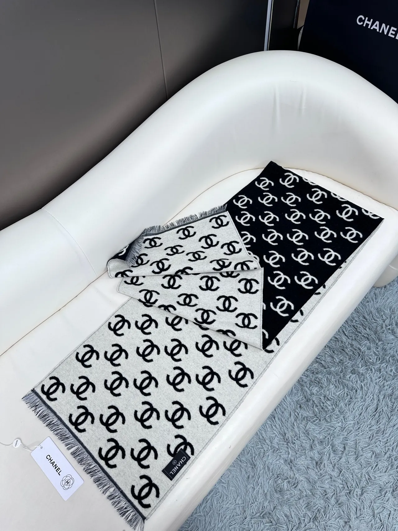 Chanel Monogram-Print Fringed Cashmere Scarf 9