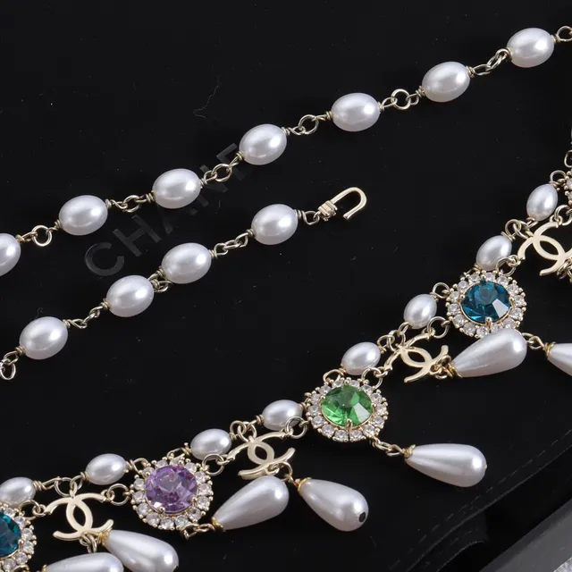 Chanel Multicolor Gemstone and Pearl CC Logo Pendant Necklace 4