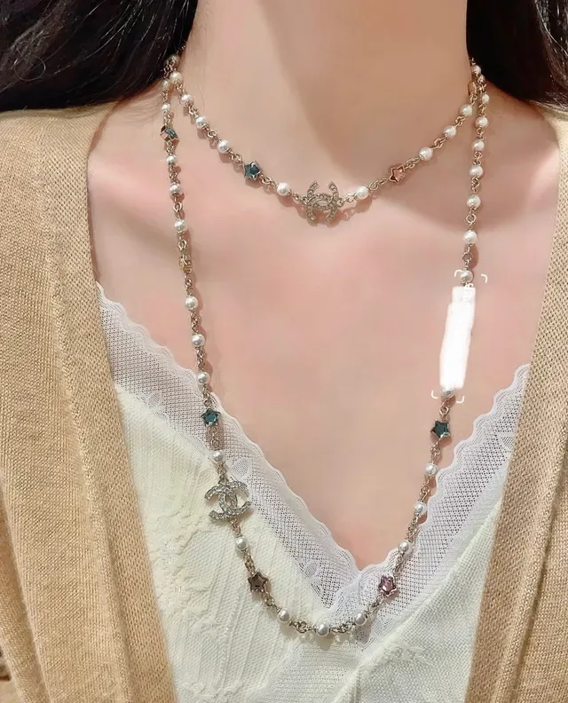Chanel Pérola e CC Logo Star Charm Colar Multicamadas 11