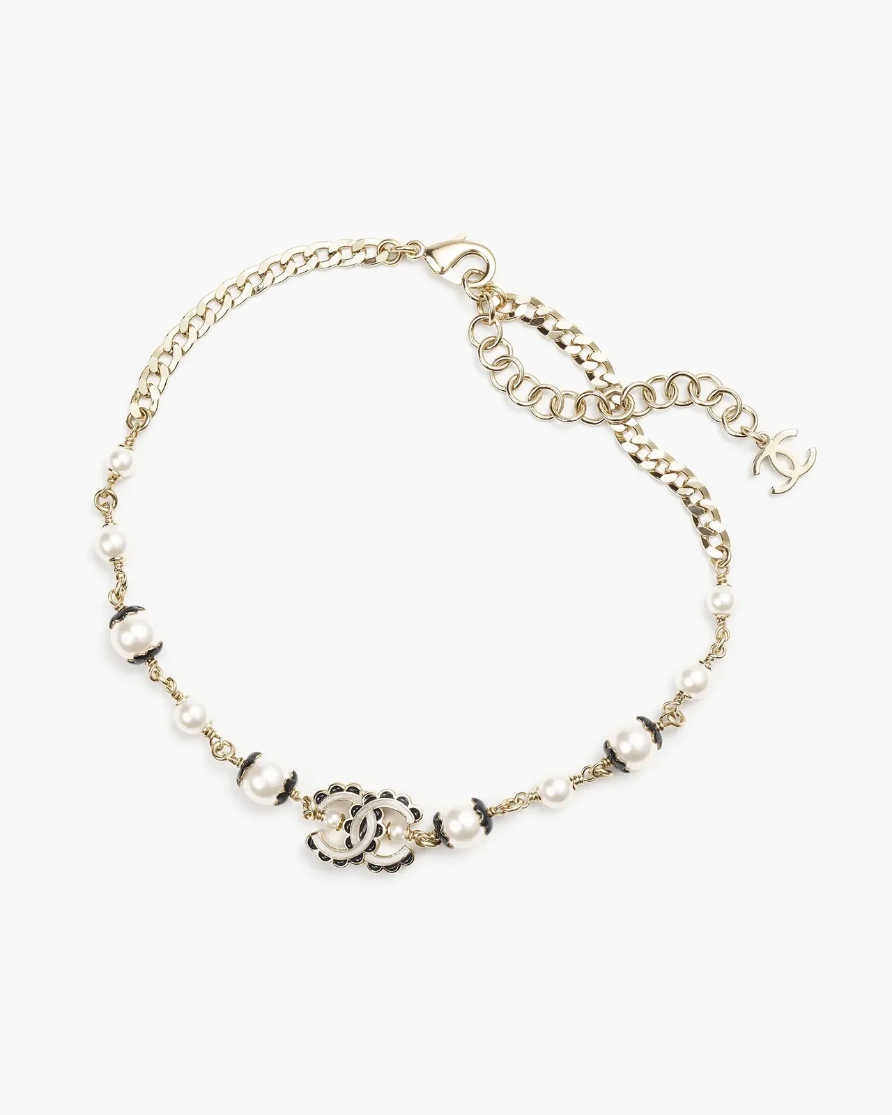 Chanel سوار لؤلؤ ذهبي أبيض سلسلة كيرب لؤلؤ مصنوعة سوار 7