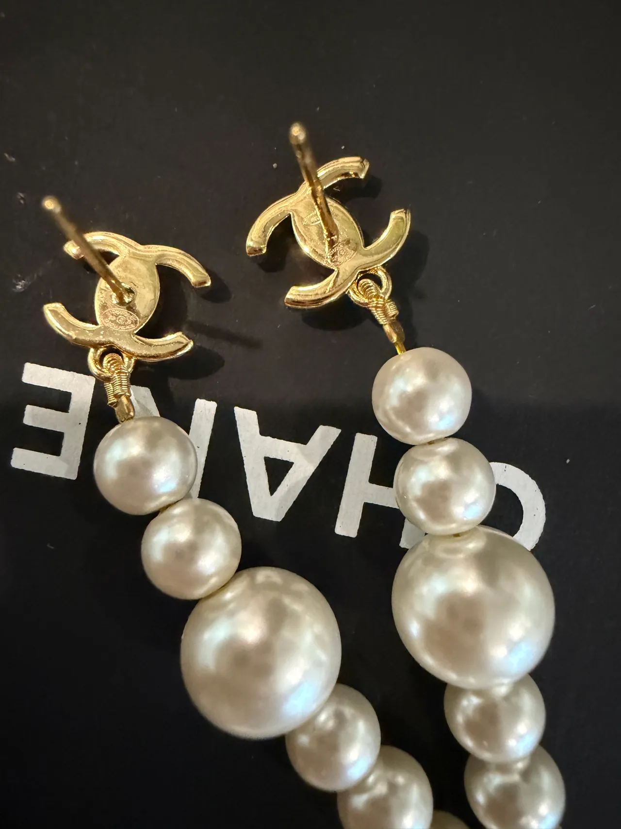 Chanel Pearl Drop Gold White CC Logo Graduated Earrings 2
