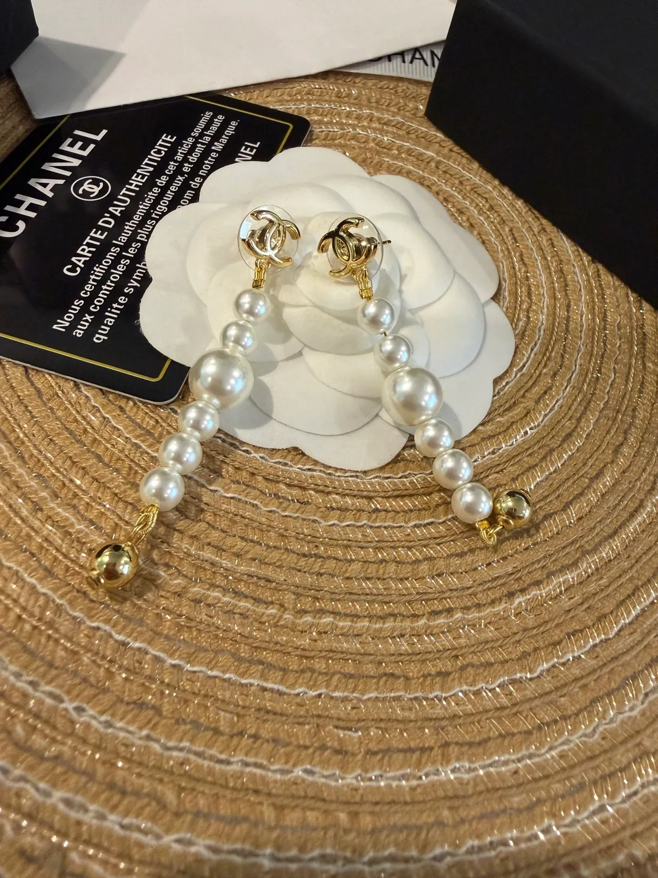 Chanel Pearl Drop Gold White CC Logo Graduated Earrings 3