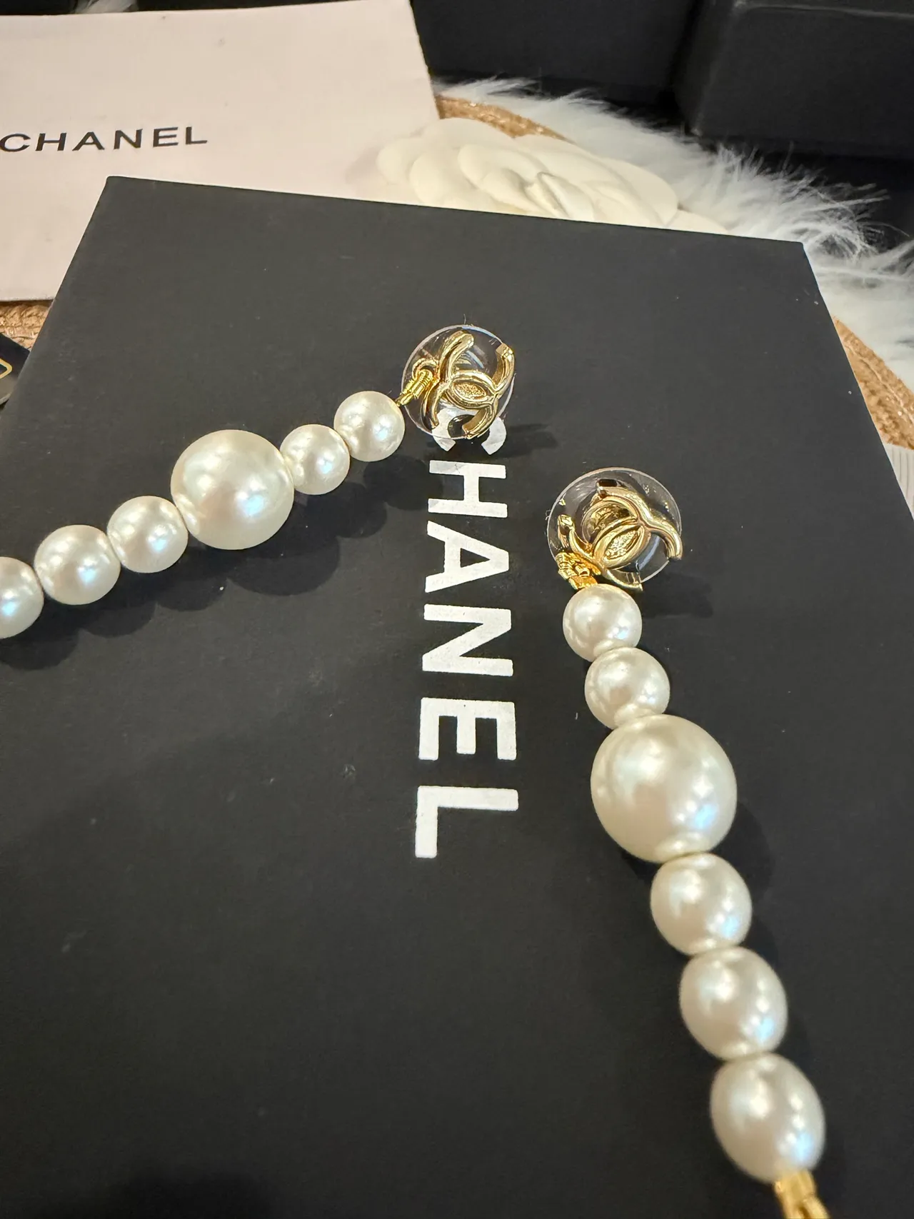 Chanel Pearl Drop Gold White CC Logo Graduated Earrings 4