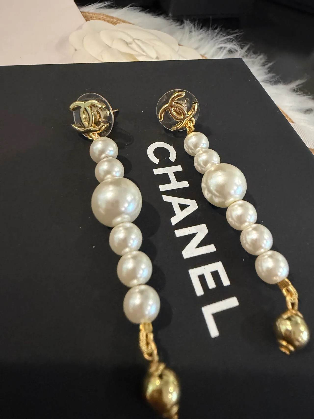 Chanel Pearl Drop Gold White CC Logo Graduated Earrings 5