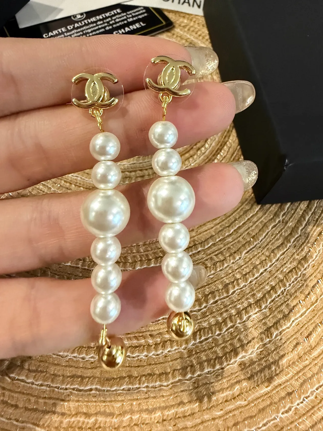 Chanel Pearl Drop Gold White CC Logo Graduated Earrings 6