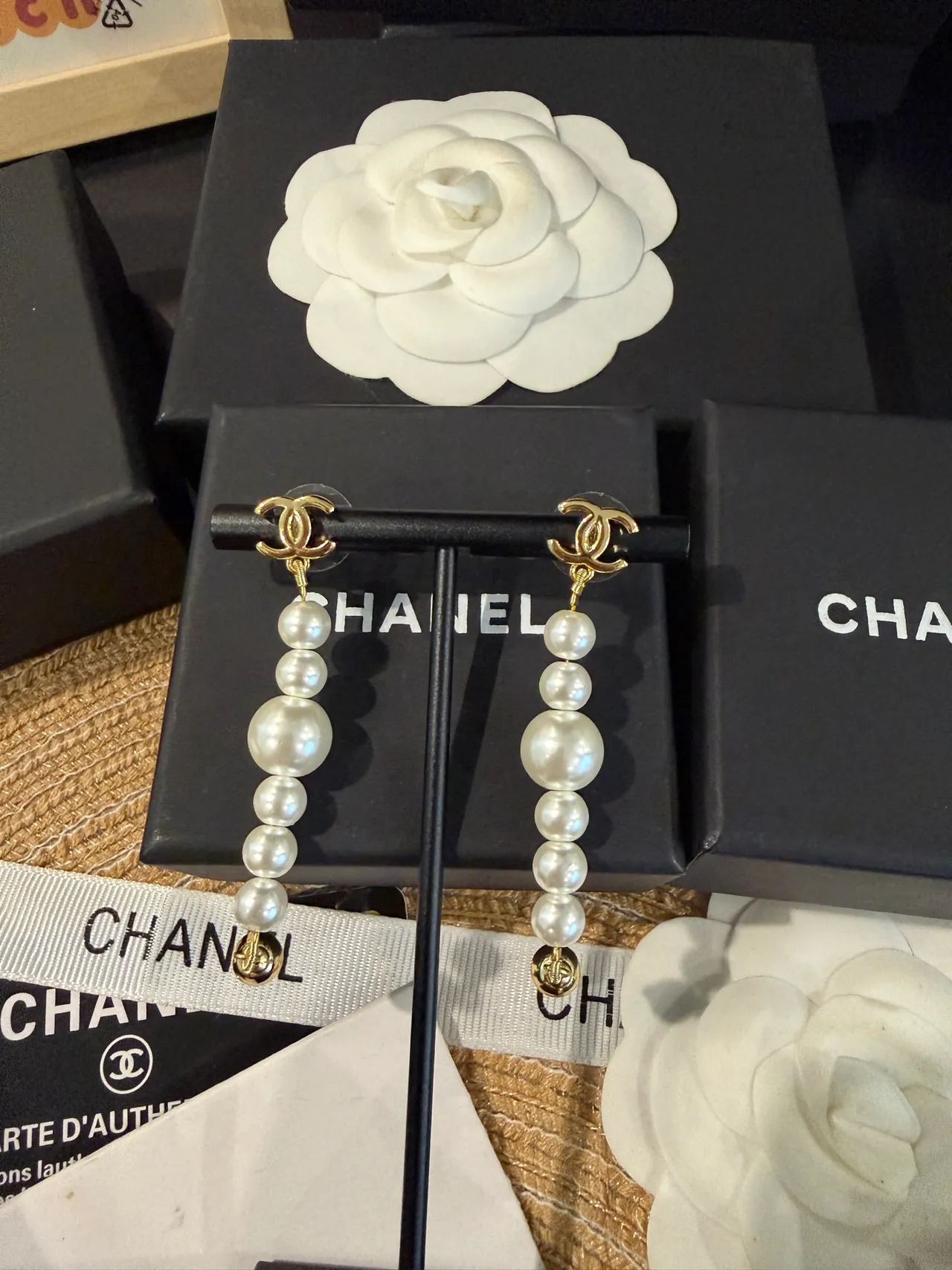 Chanel Pearl Drop Gold White CC Logo Graduated Earrings 7