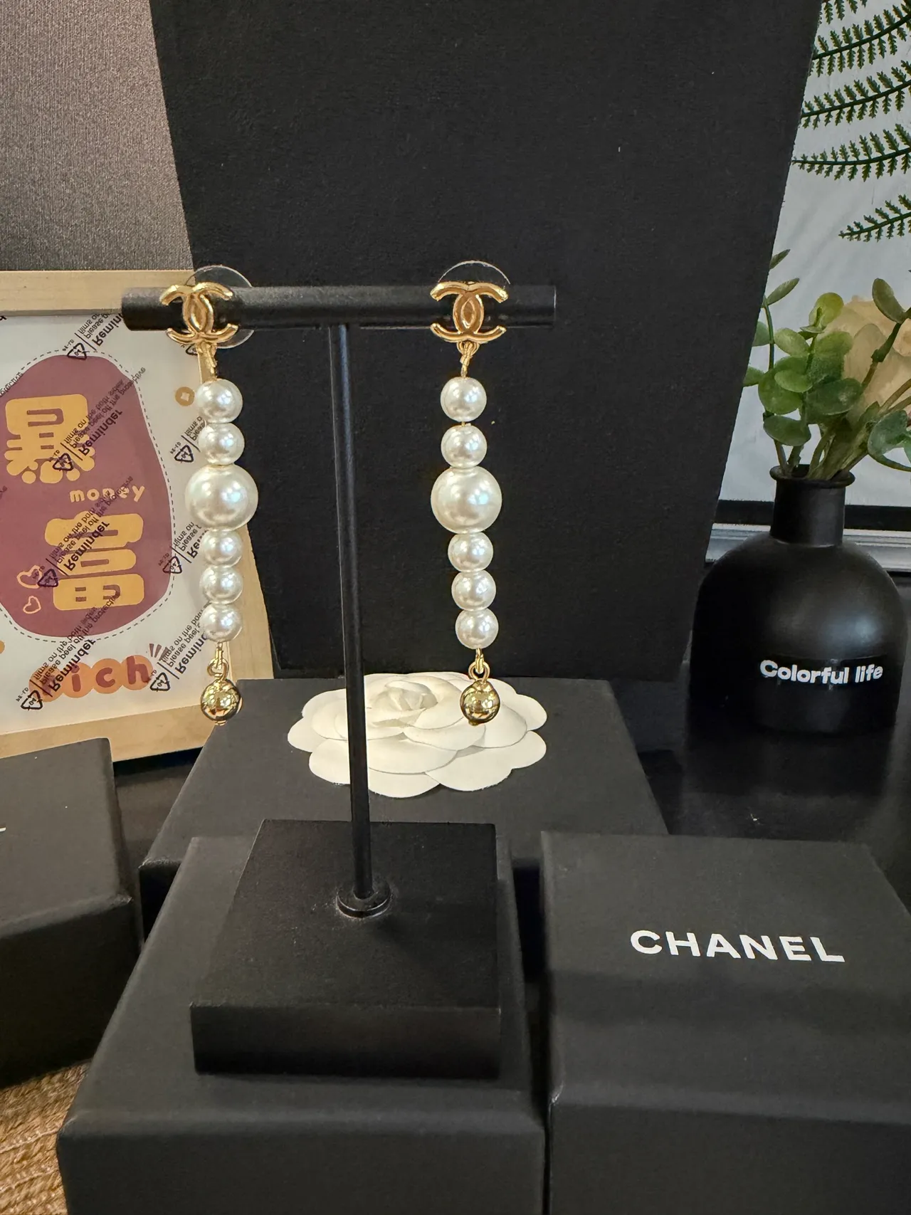 Chanel Pearl Drop Gold White CC Logo Graduated Earrings 8